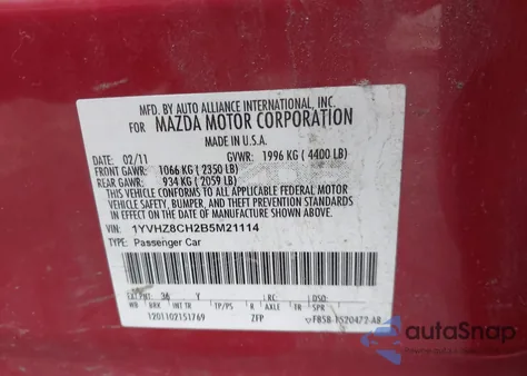 2011 Mazda Mazda6 I Touring z USA, uszkodzony, nr VIN 1YVHZ8CH2B5M21114